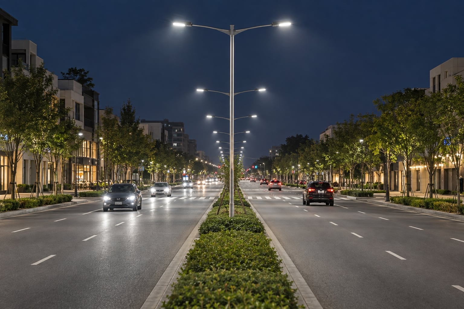 Completed divided urban road operating at night with consistent double-arm poles along the central median
