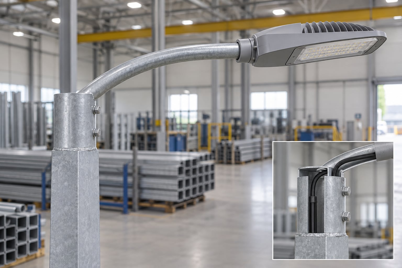 Curved light arm connected to the top of a square galvanized pole