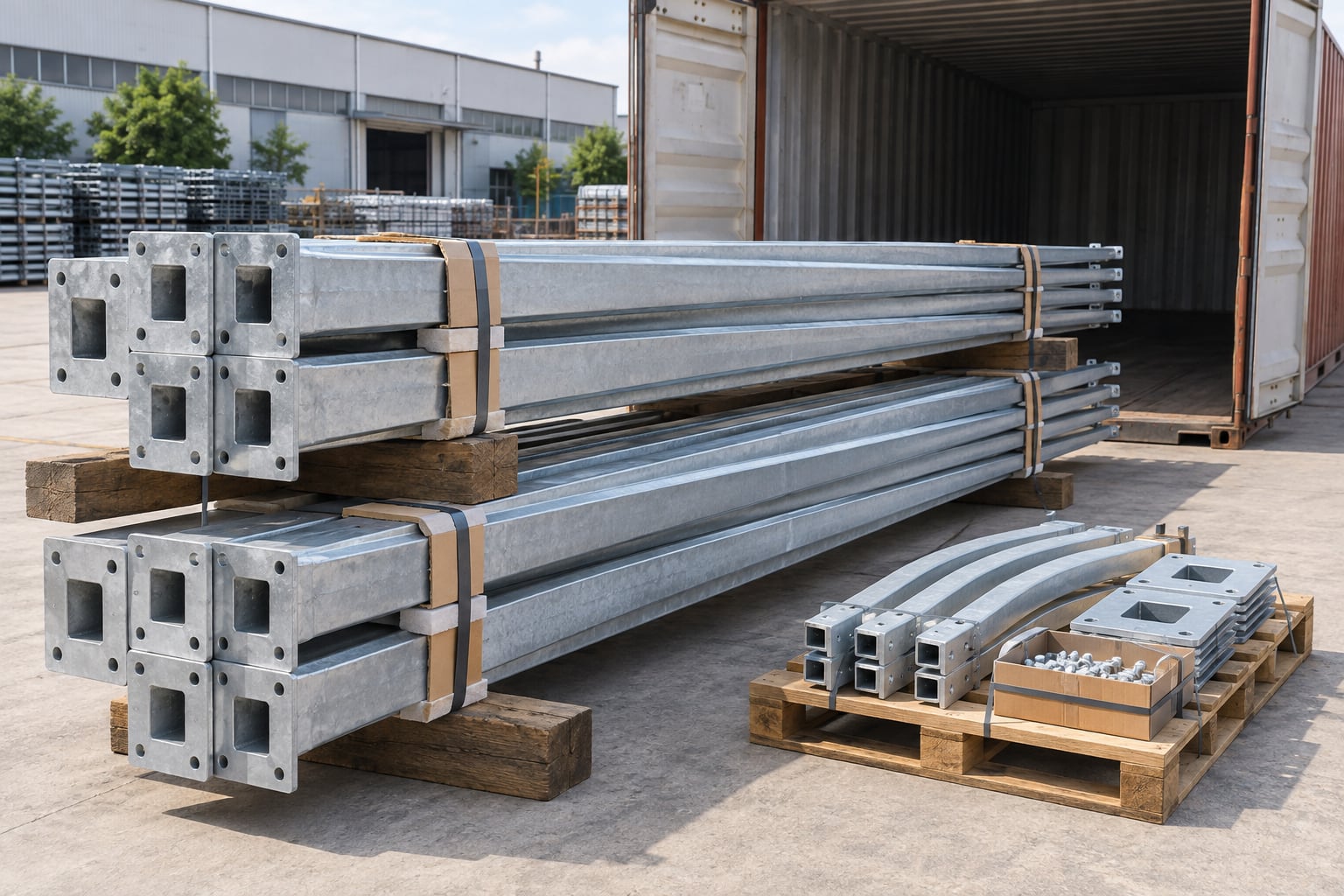 Square tapered galvanized pole shafts and arms packed for export