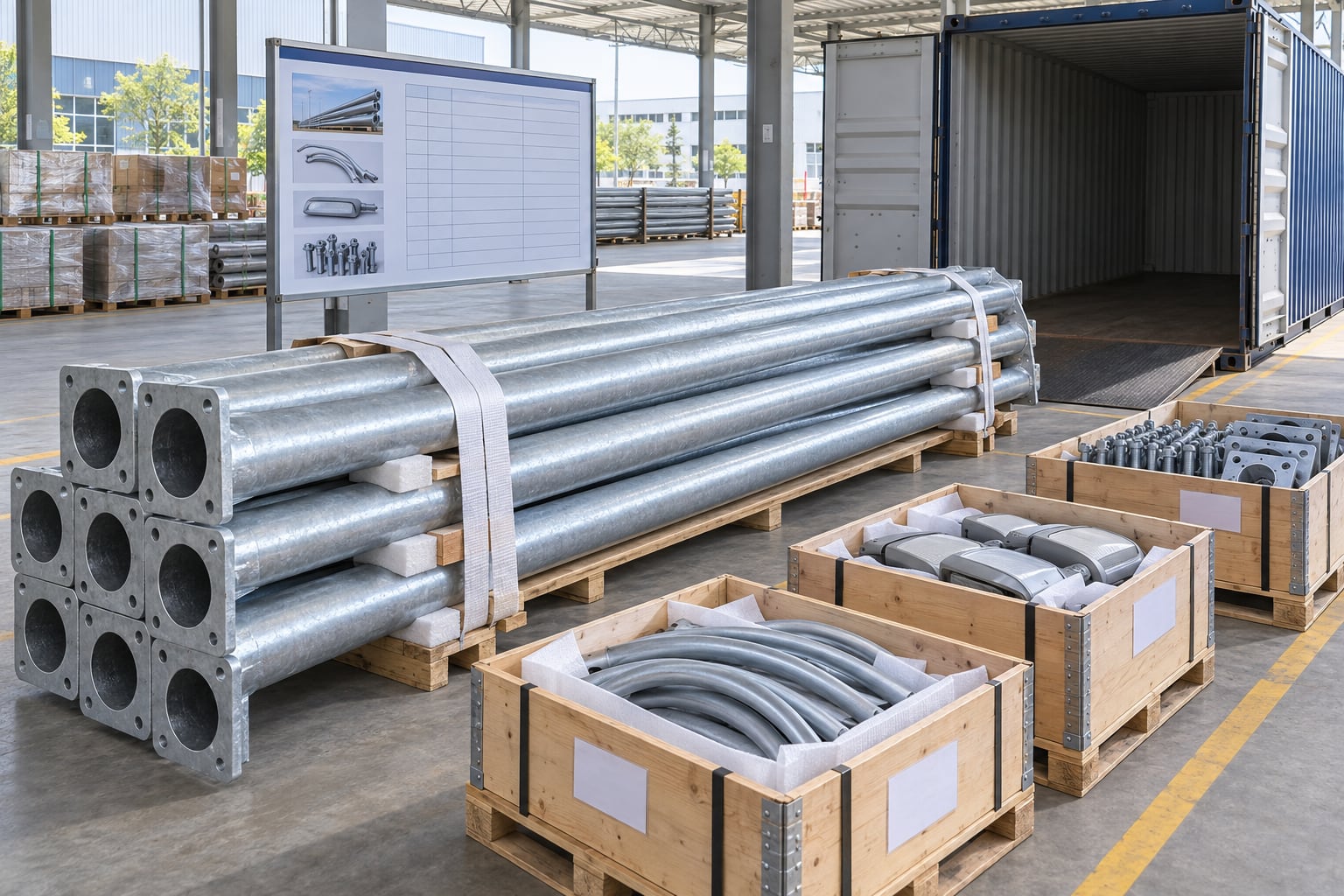 Bundled galvanized street light pole shafts accessory crates and shipping container prepared for export scope review