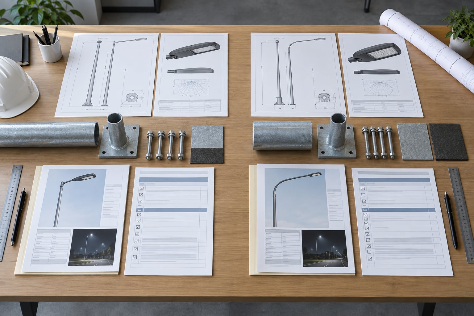 Two road lighting pole supplier bids normalized with matching drawings components and review checklists