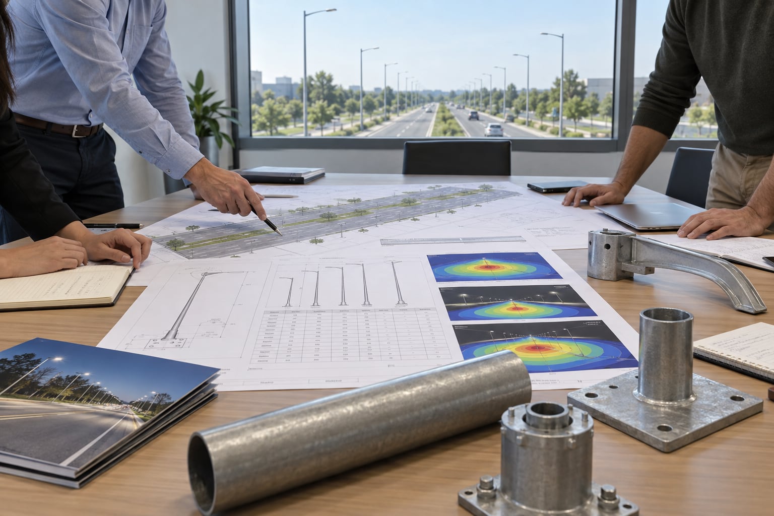Road lighting tender evaluation with pole drawings photometric plans and steel interface samples