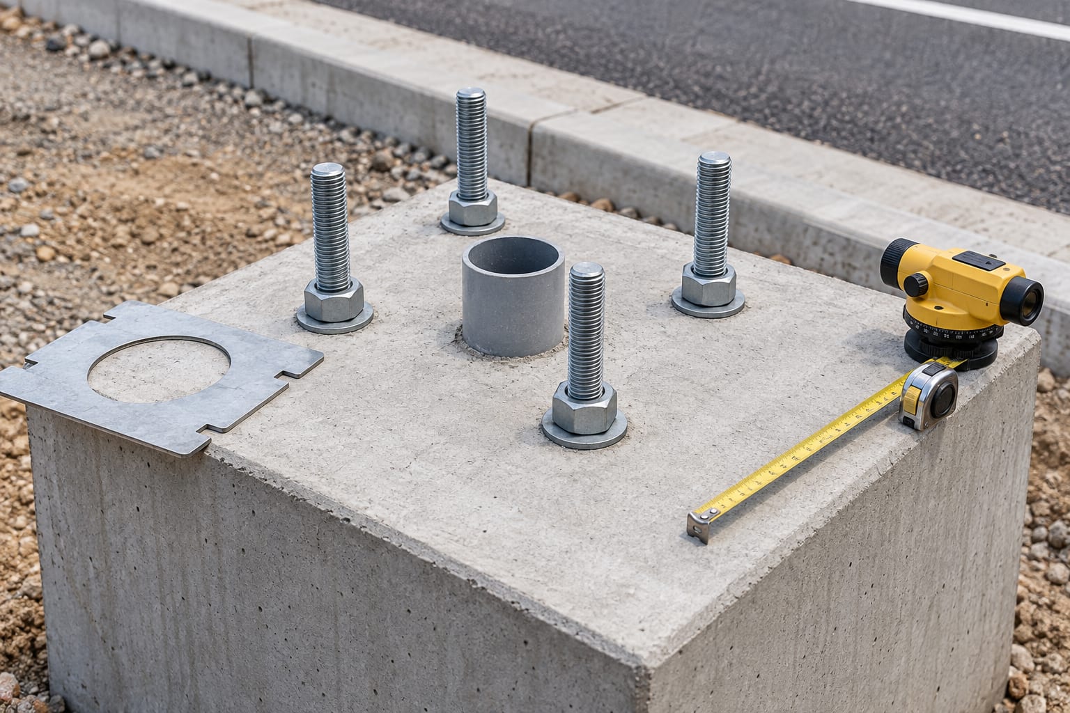 Cured street light foundation with four straight anchors, clear conduit and survey instruments