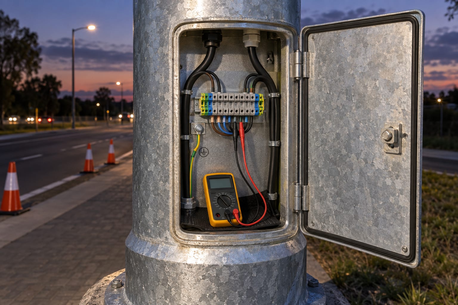 Galvanized pole access compartment with orderly terminals, earthing conductor and electrical test equipment