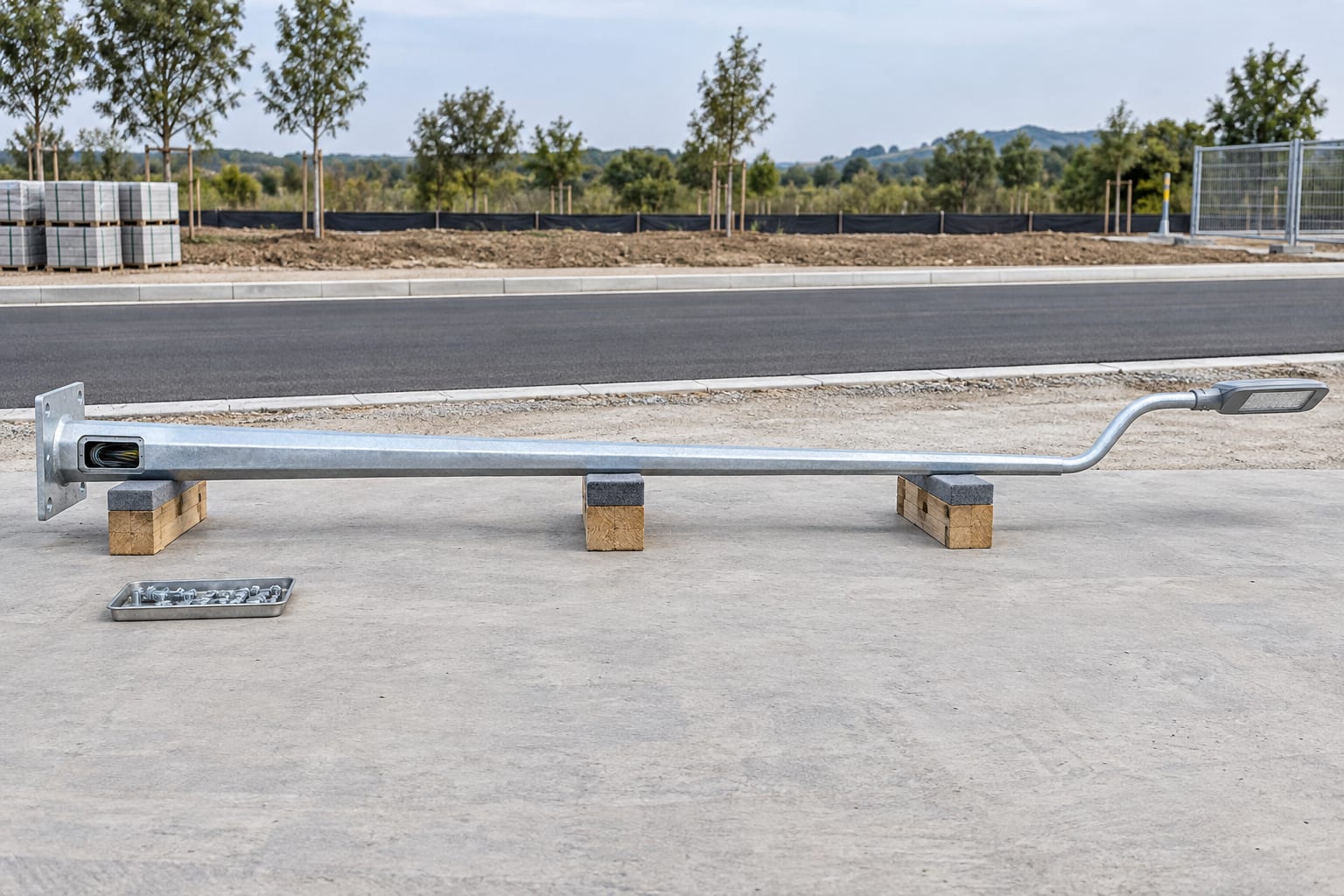 Complete galvanized single-arm street light pole assembled horizontally on padded supports before lifting