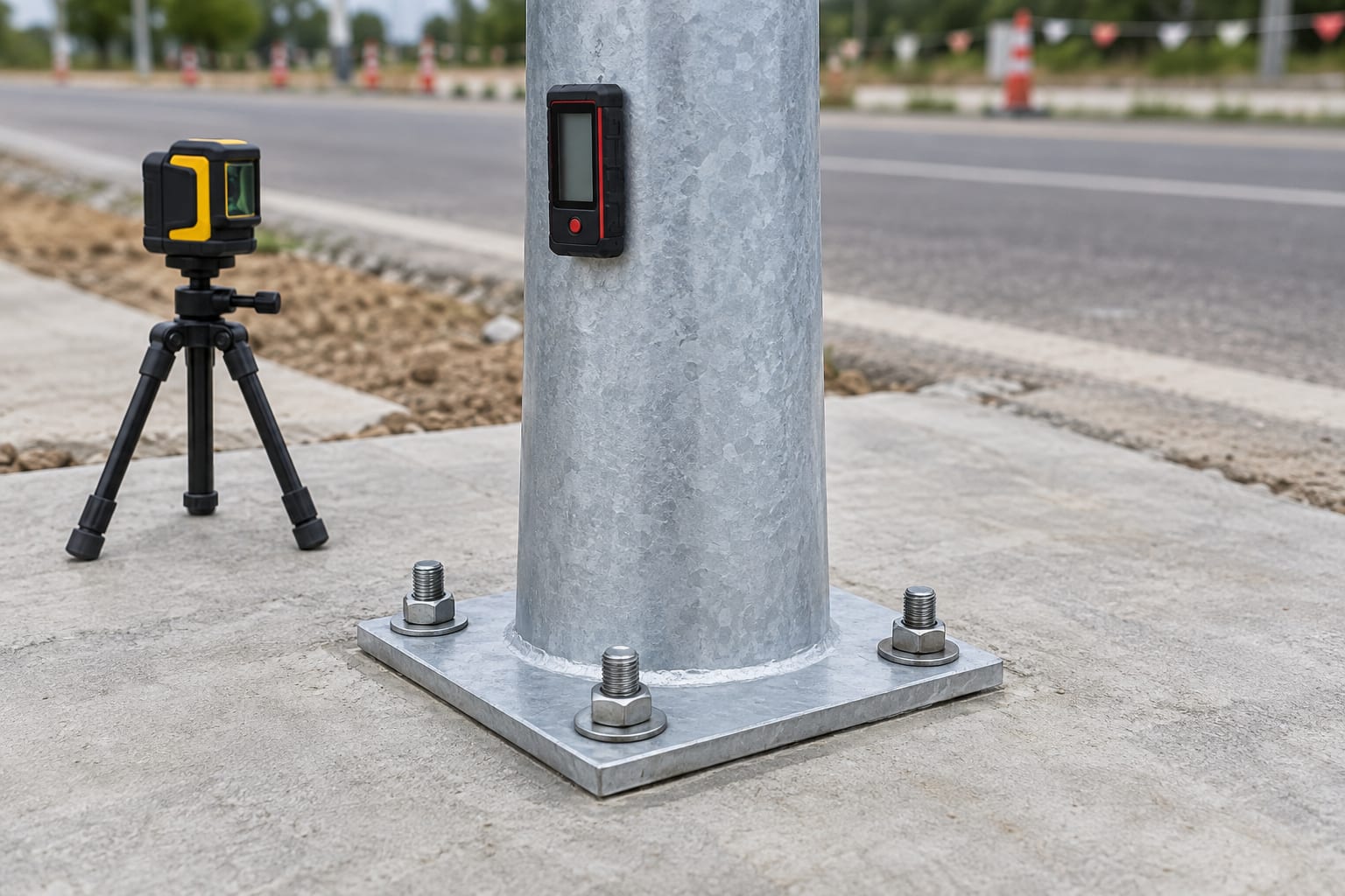 Installed galvanized pole base under verticality and base-connection inspection with alignment instruments