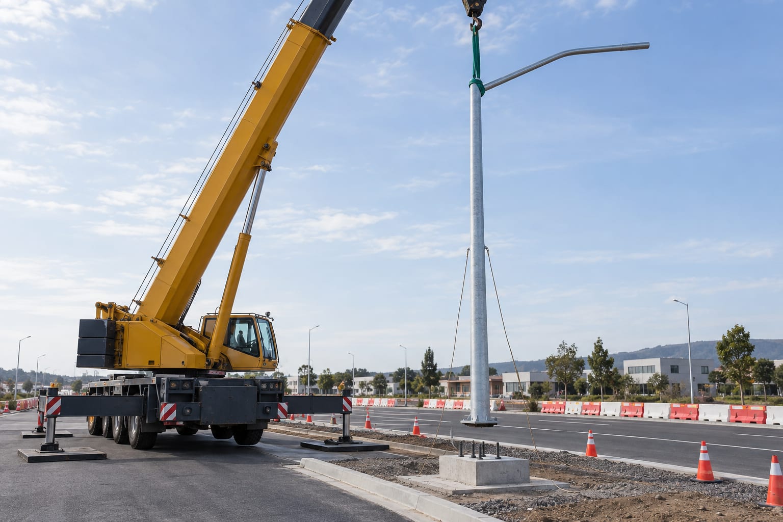 Crane lifting one galvanized street light pole above a prepared four-anchor roadside foundation
