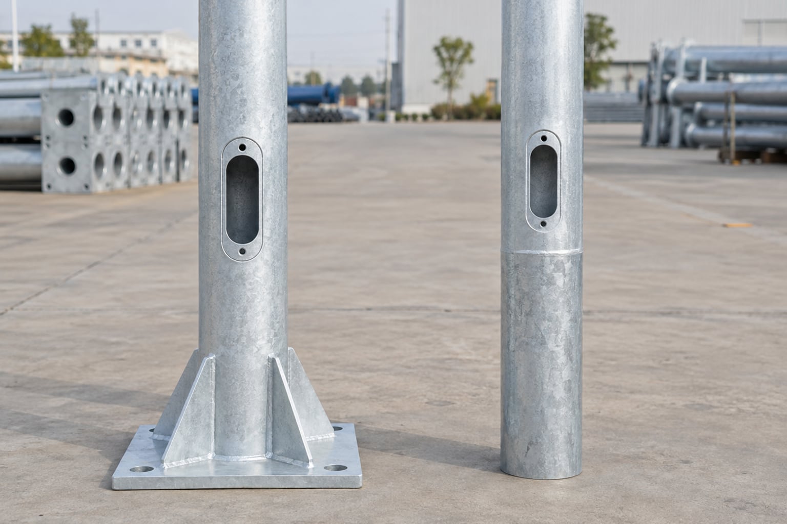 Flanged base and direct-burial galvanized street light pole lower-end concepts