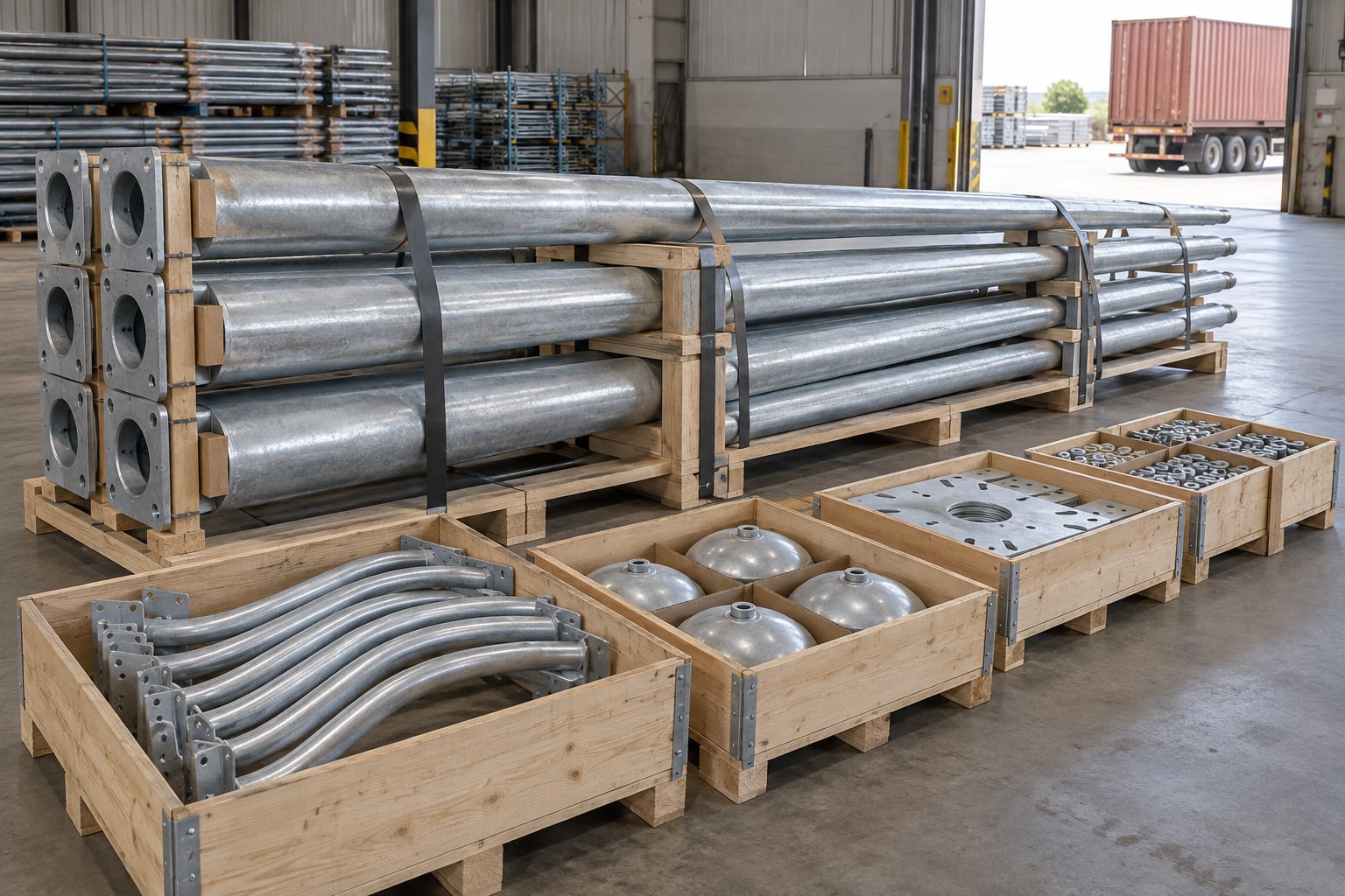 Galvanized street light pole shafts, arms and accessories packed for export