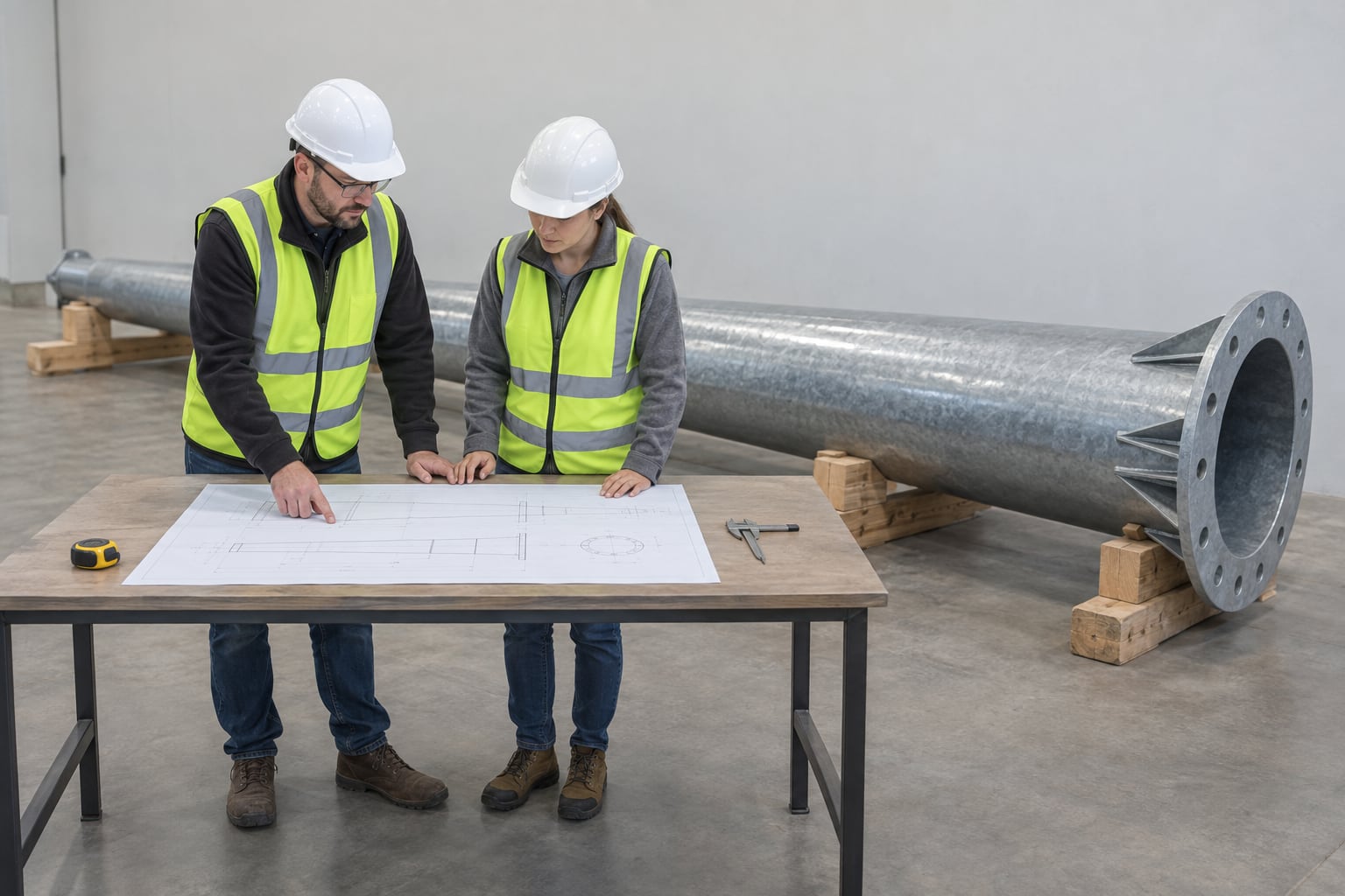 Engineers reviewing a street light pole schedule and dimensional drawing