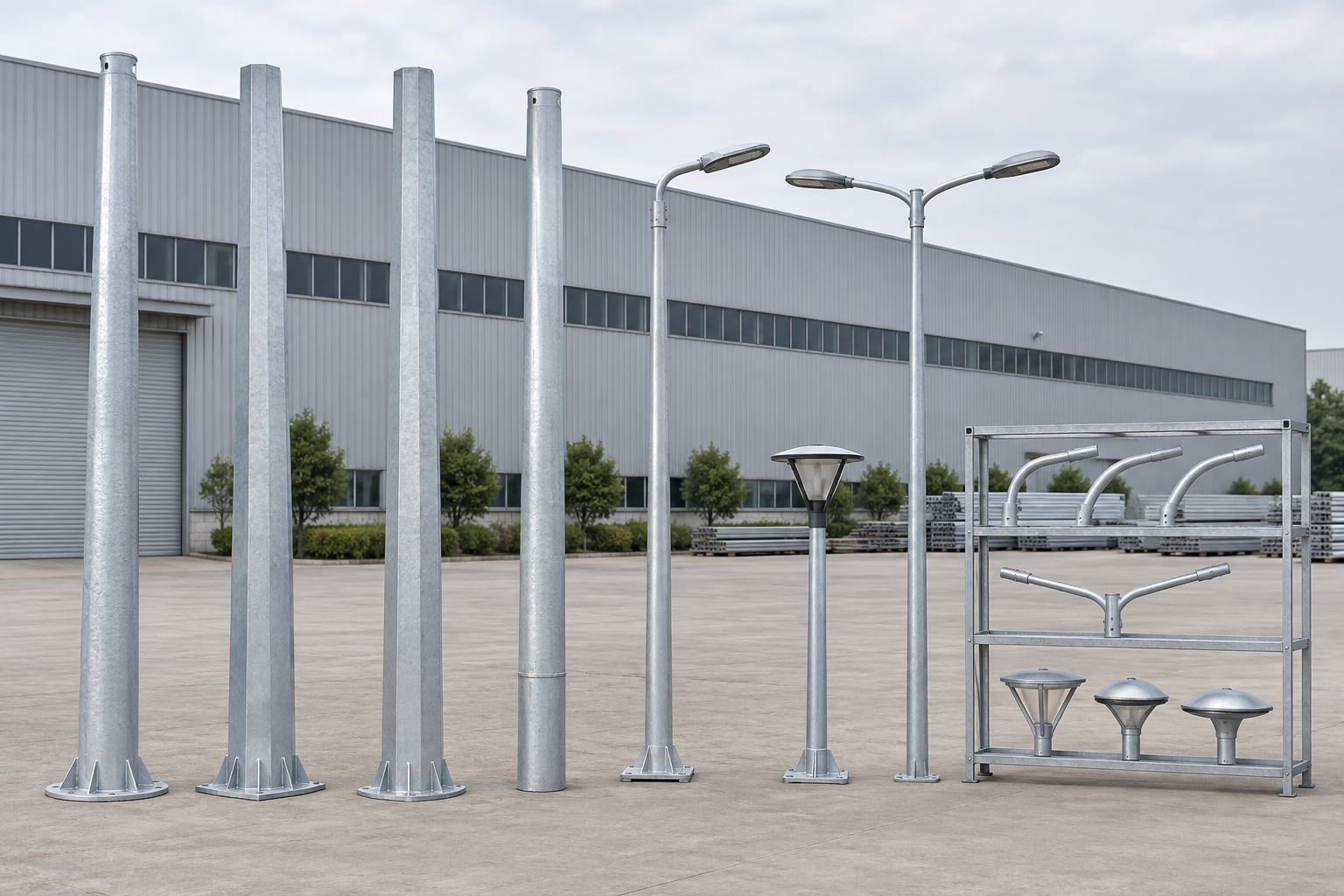 Galvanized street light pole shaft shapes and separate arm options in a factory yard
