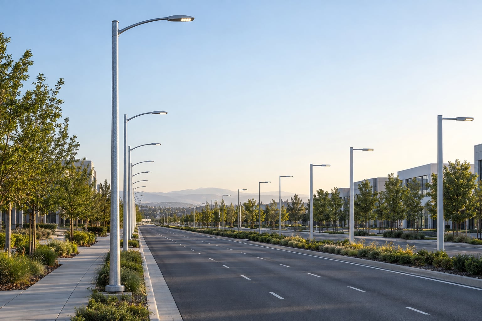Galvanized steel street light poles installed along a modern divided roadway