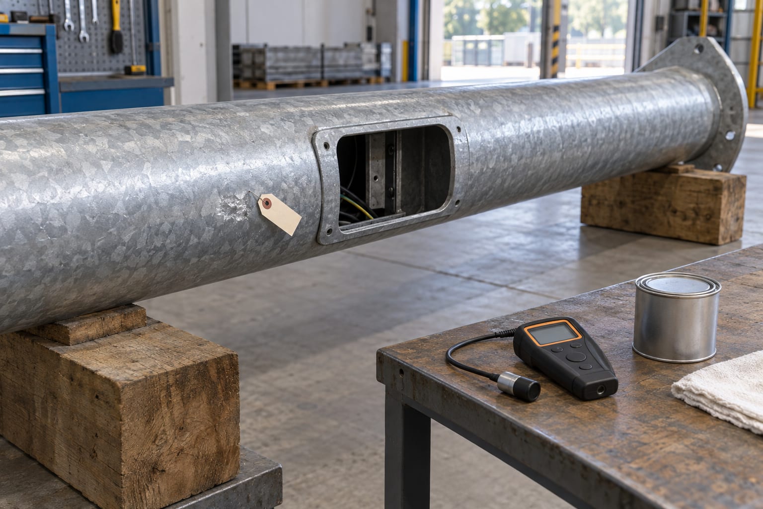 Horizontal galvanized lighting pole with tagged local coating finding and inspection tools