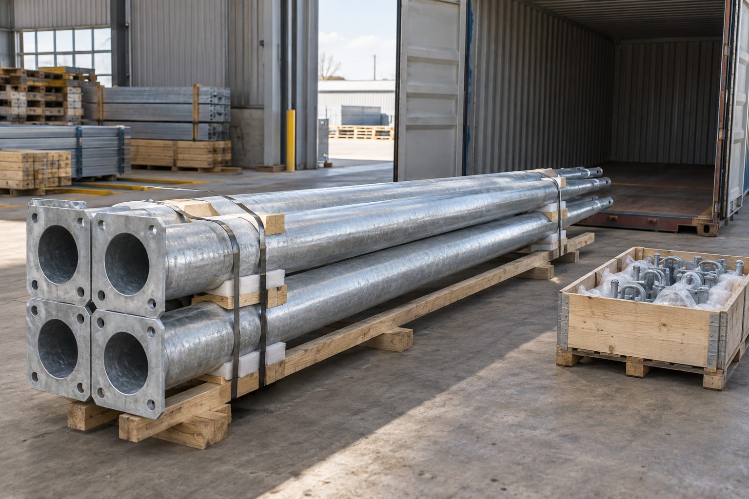 Protected galvanized light pole bundle beside a shipping container