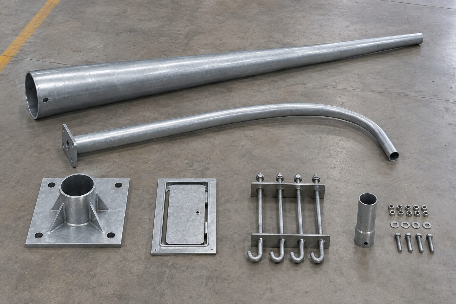 Separated pole shaft, arm, base, access frame, anchor cage and fasteners showing supply-scope components