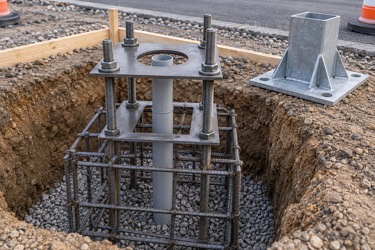 Four-anchor light pole foundation cage with templates and centered conduit for base-interface review