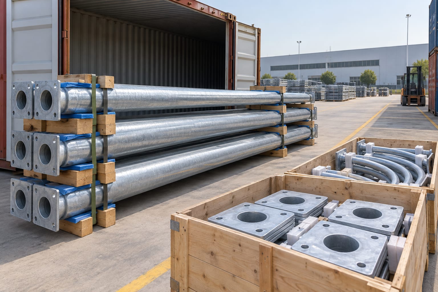 Protected galvanized light pole bundles prepared for documented export packing