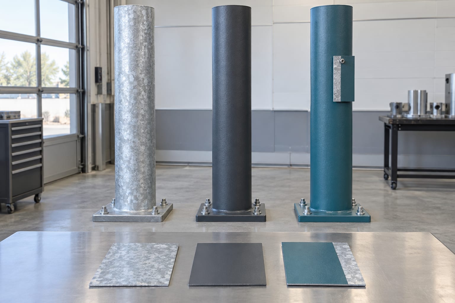 Galvanized, painted and duplex-coated steel pole samples presented for finish review
