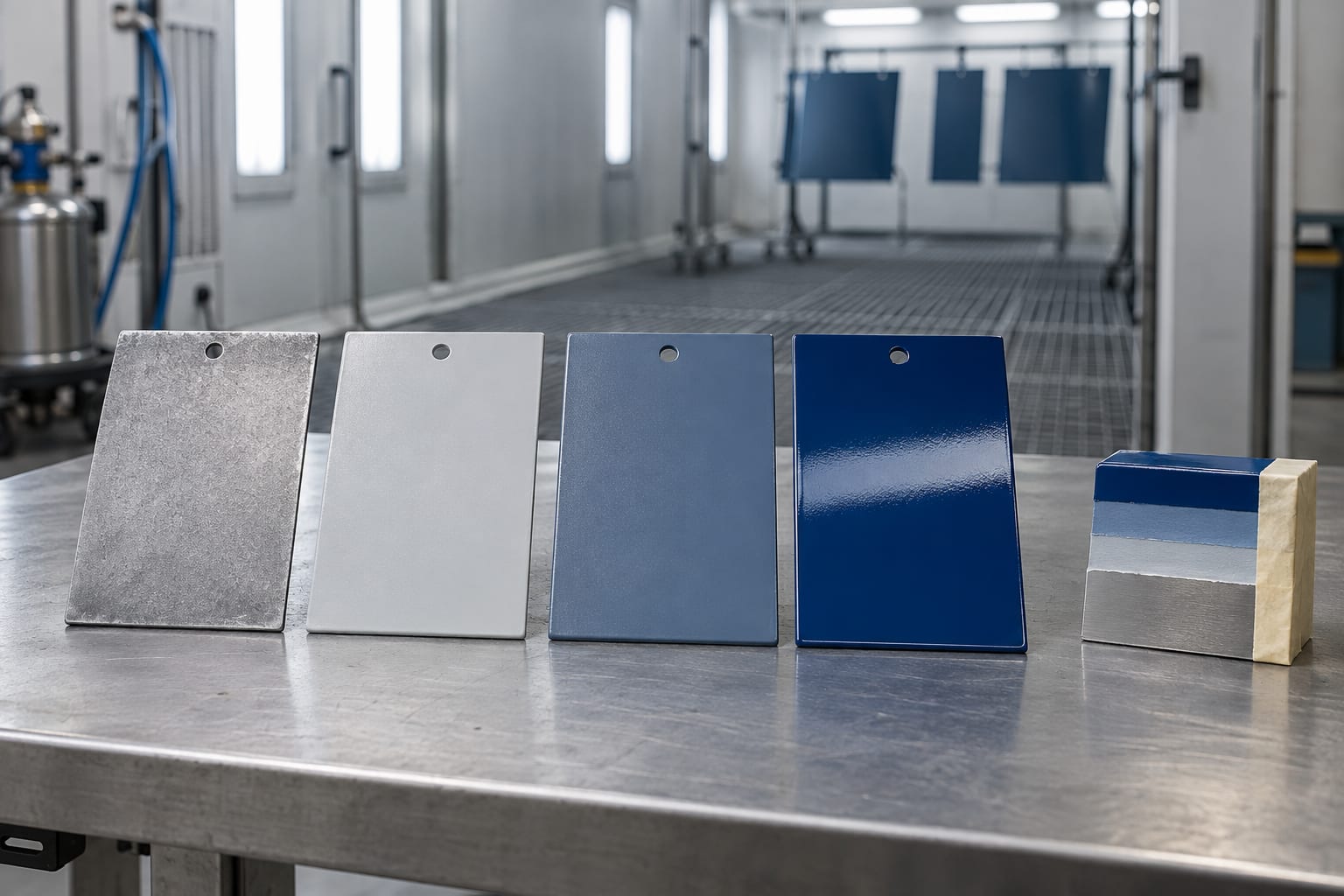 Prepared steel, primer and finished organic coating sample panels in a controlled coating area