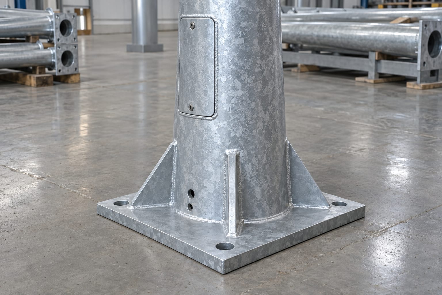 Galvanized steel pole base showing plate, gussets, access opening and vent and drain details