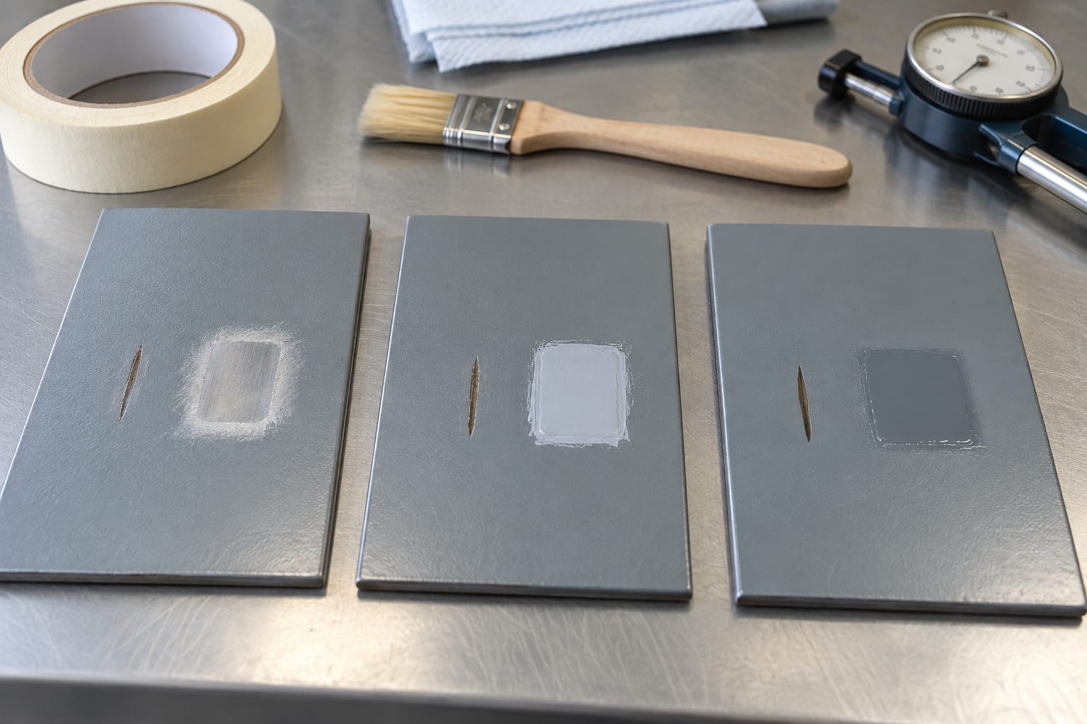 Coating test coupons illustrating prepared, layered and sealed localized repair stages