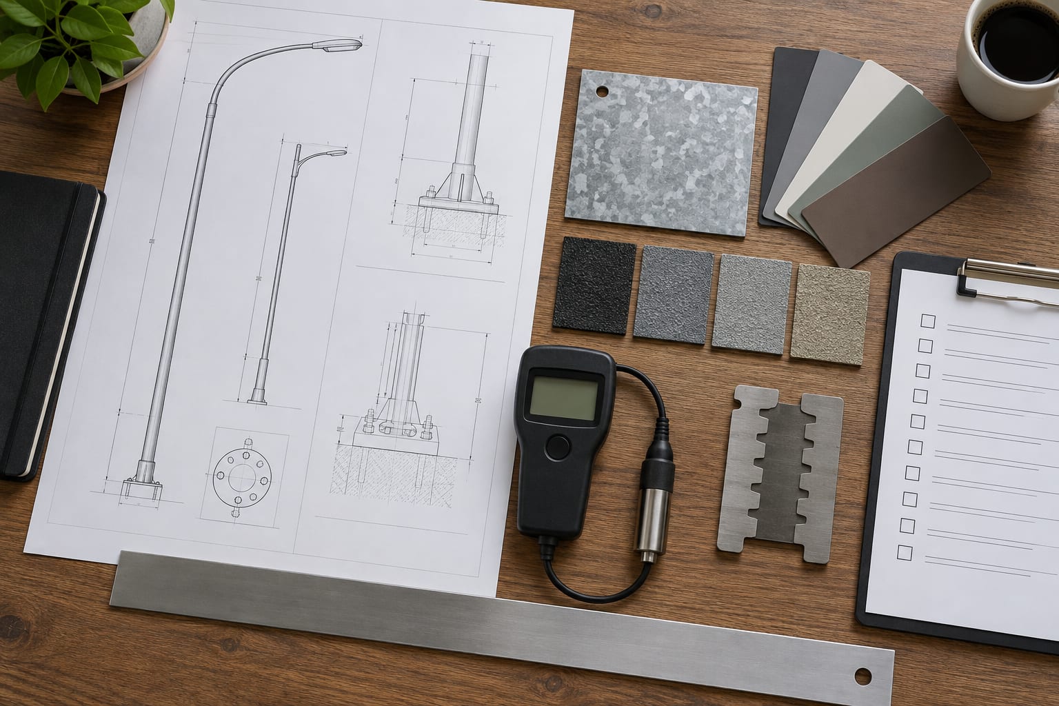 Pole drawings, zinc and color samples, thickness gauge and inspection checklist prepared for finish approval