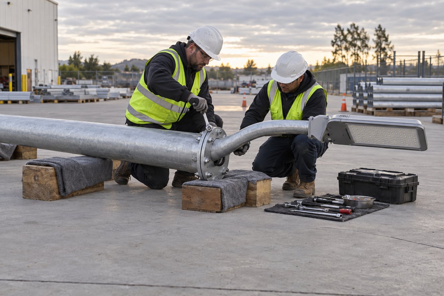 Two workers checking a supported arm and luminaire assembly on padded blocks before erection