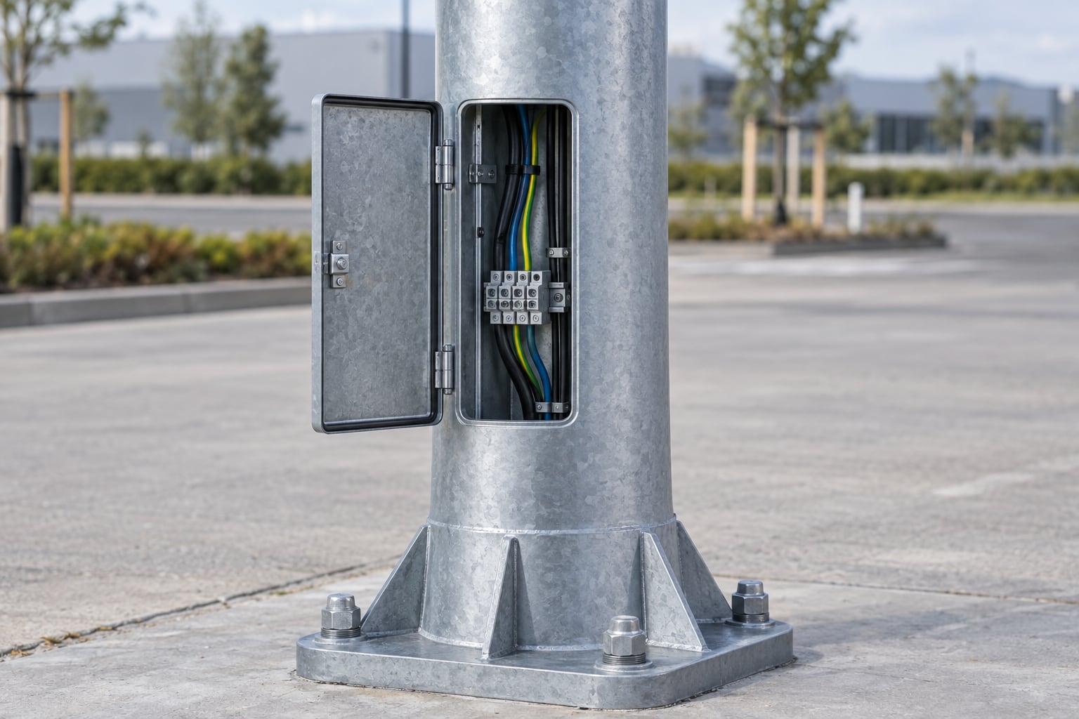 Open light-pole access door with visible secured conductors and terminal area above a flanged base