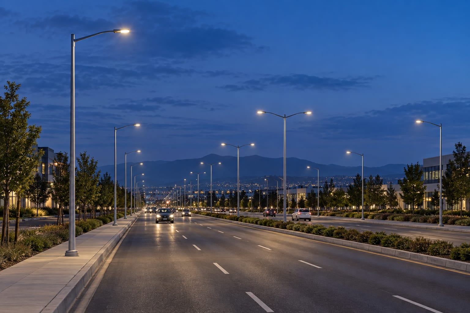 Street light poles with coordinated mounting heights along a divided urban arterial at blue hour