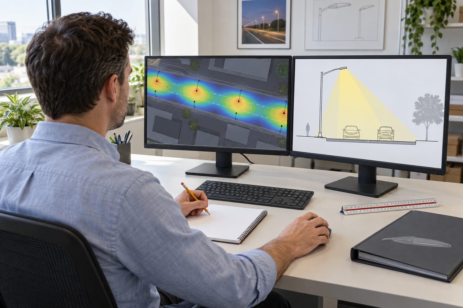 Lighting engineer comparing roadway photometric plots and a street light pole mounting-height section