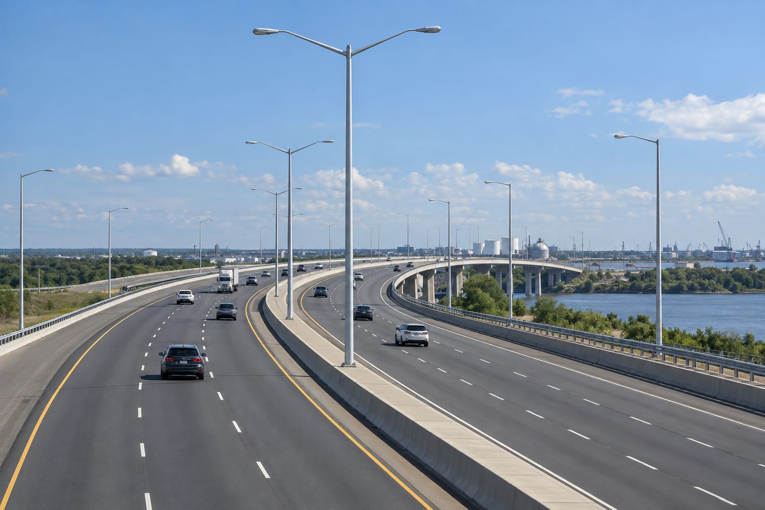 Roadway lighting poles beside highway lanes, median barriers and a bridge approach