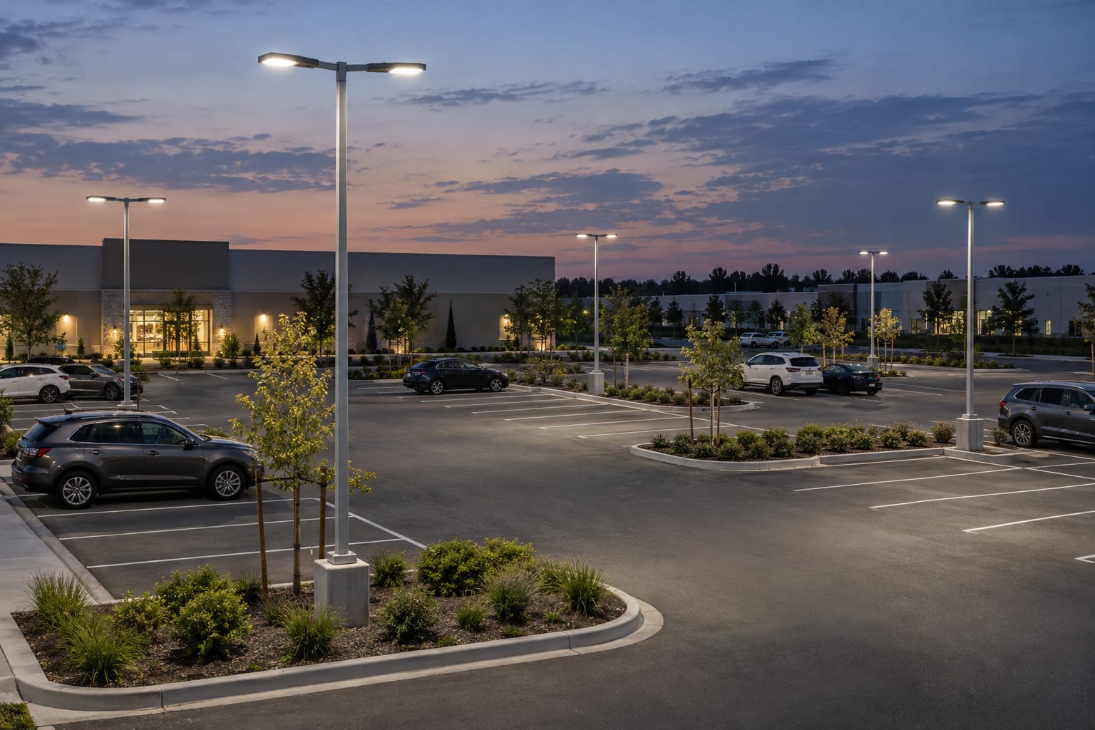 Area lighting poles within protected parking islands among marked vehicle bays