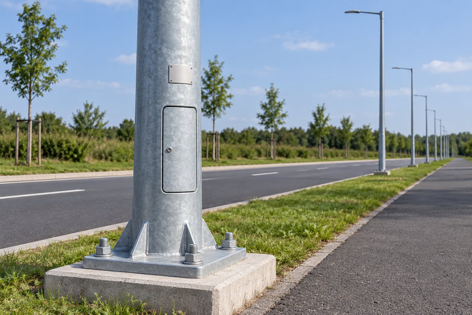 Closed service door and physical plate on an installed roadside lighting pole