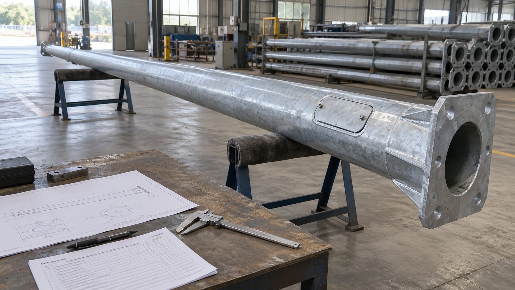 A single galvanized pole on padded trestles beside a drawing and measuring tools