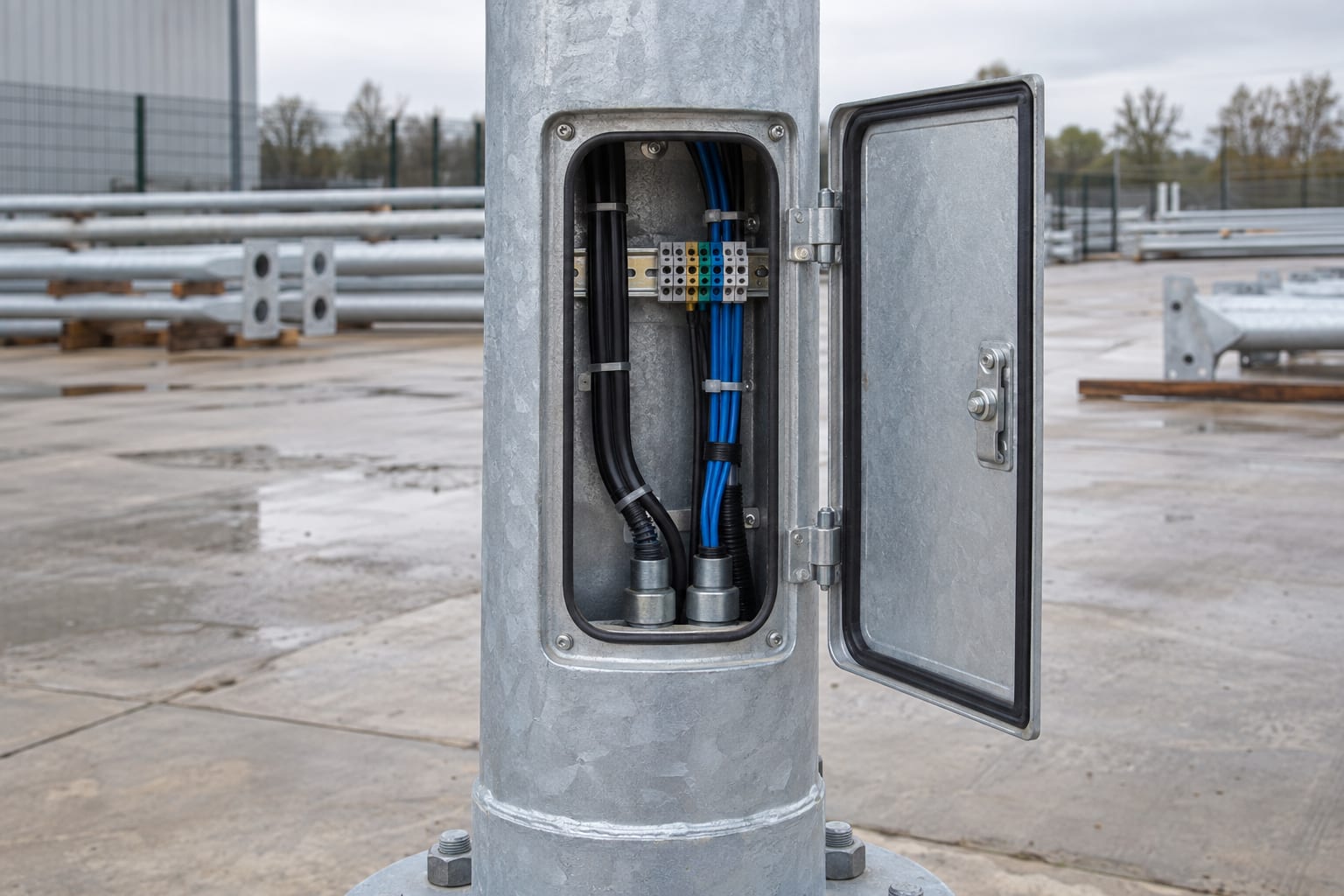 Closed pole access door and protected internal power/data routes