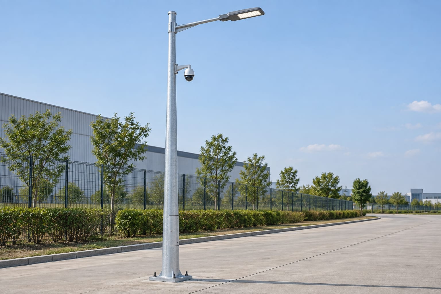 Straight smart lighting pole with separately supported roadway luminaire and CCTV camera