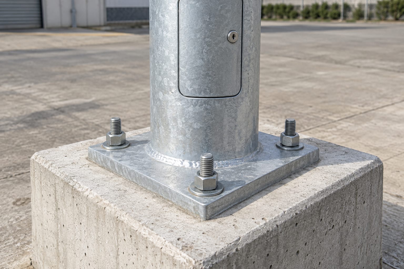 Galvanized pole base flange and anchor interface on a single supported foundation