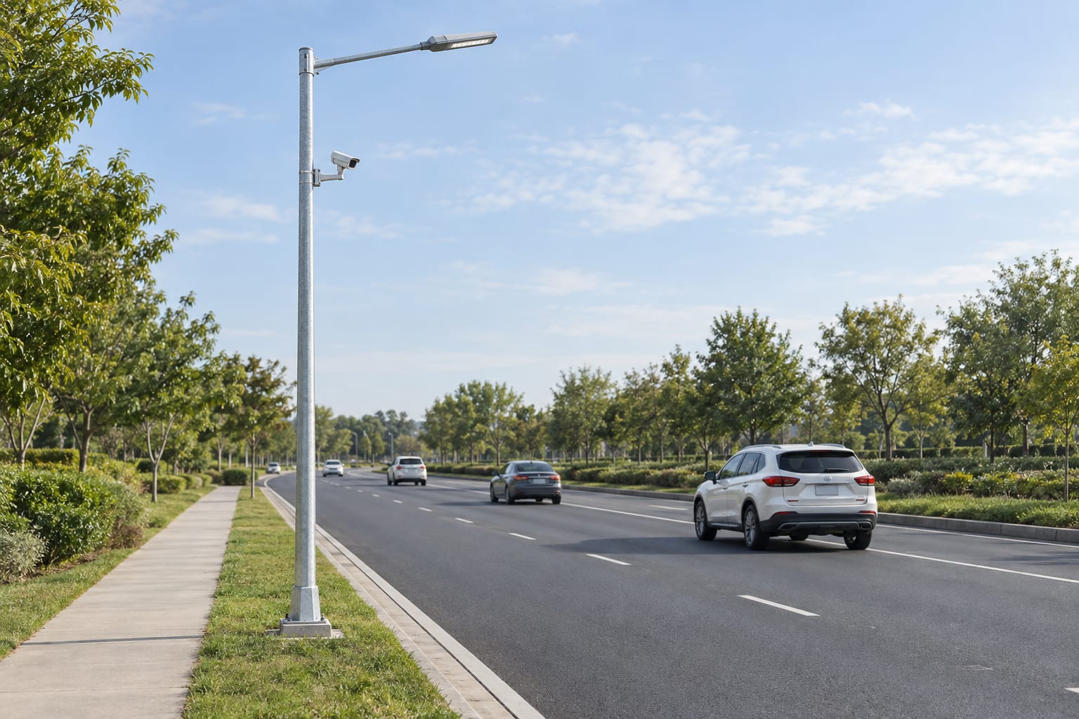 Roadside CCTV lighting pole with realistic road setback and equipment positions