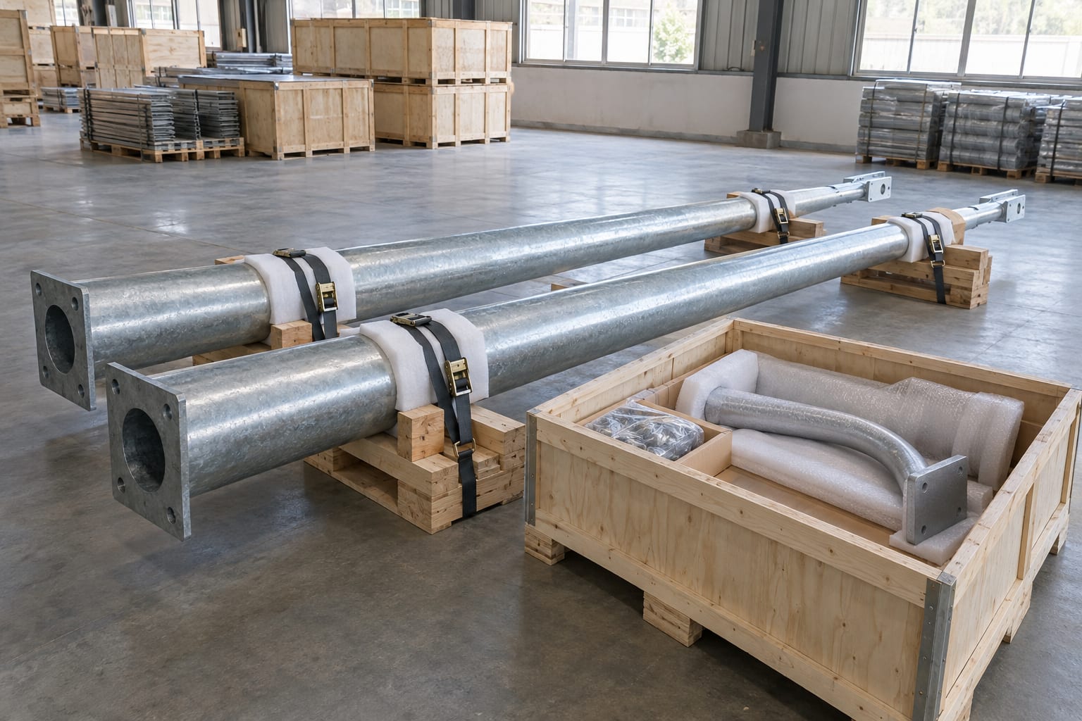 Protected pole and separate equipment packages prepared for shipment
