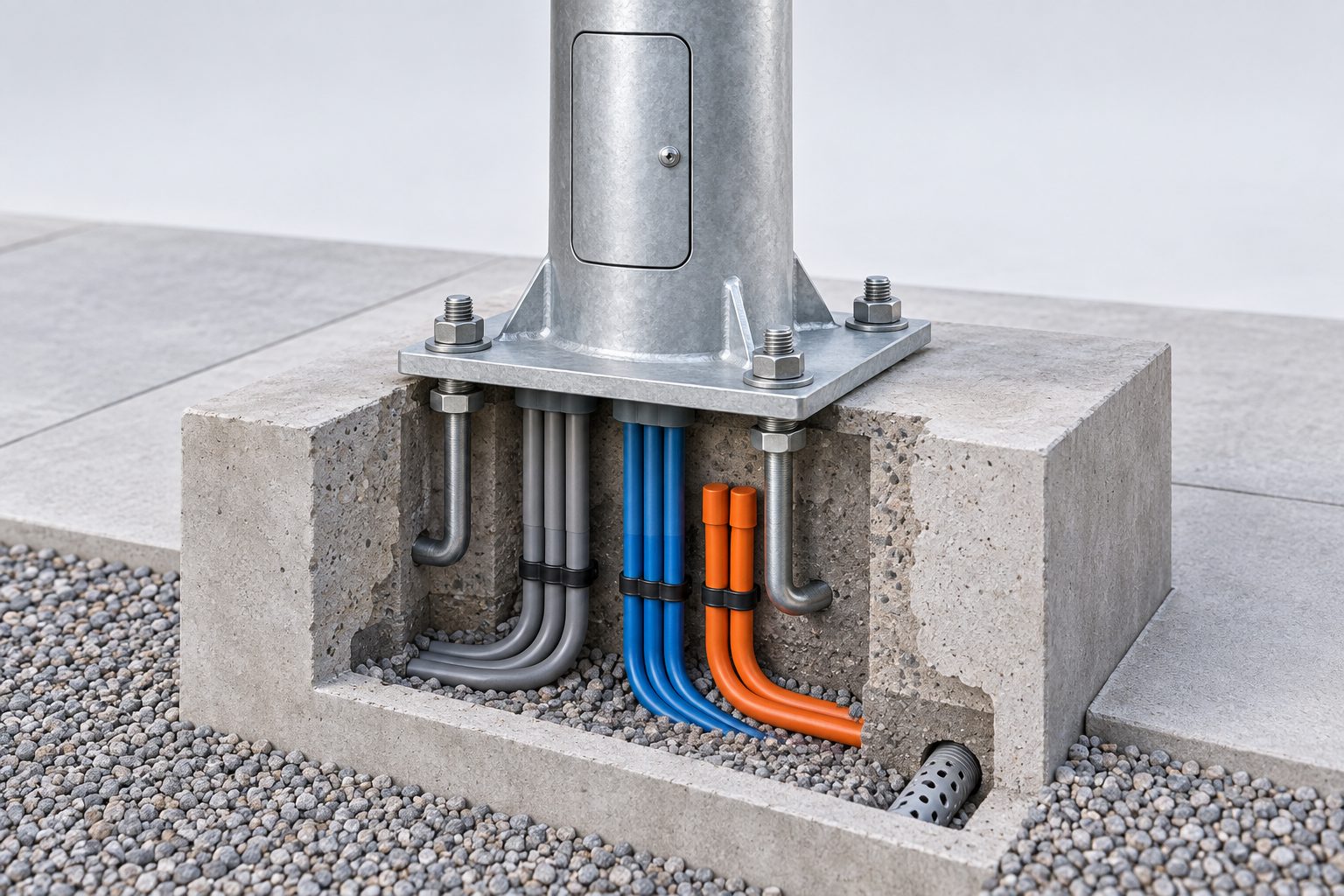 Smart-pole base and anchor arrangement with separated conduit paths