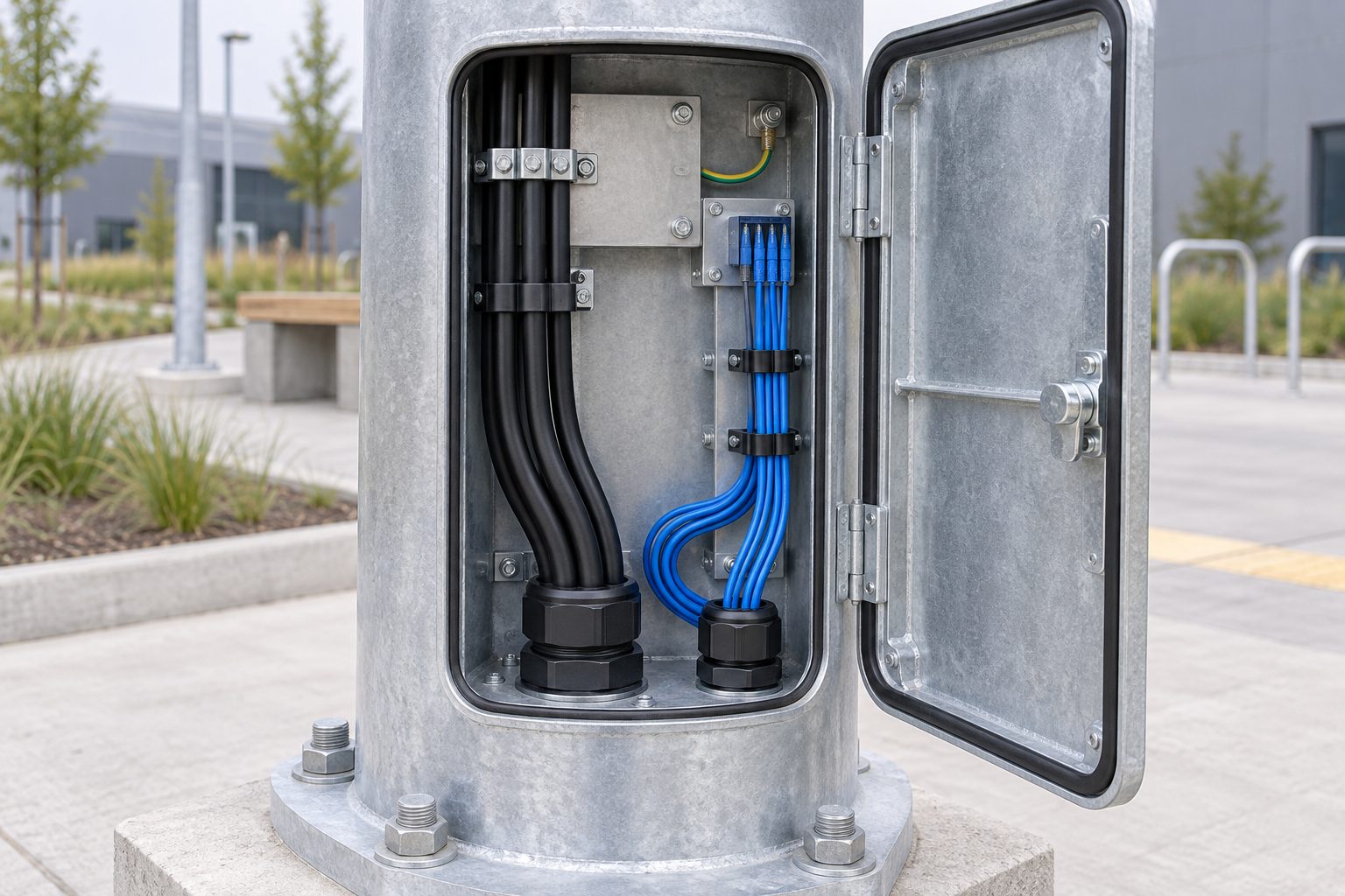 Protected power and fiber routes organized in a smart-pole access zone