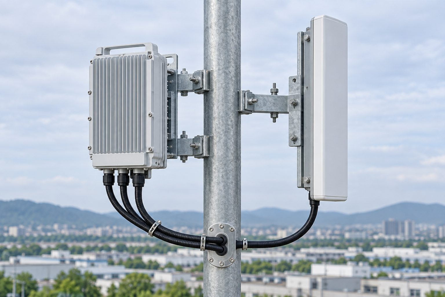 Independent bolted antenna and radio brackets with protected cable entry